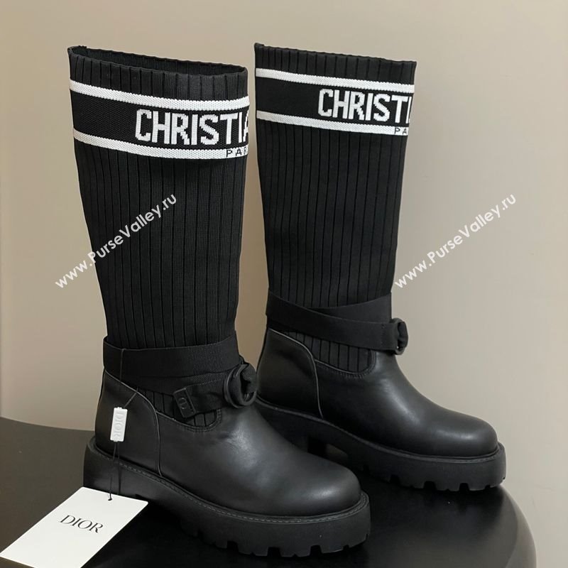 Dior D-Major High Boots in Black Calfskin with Black and White Technical Knit 2025 1029 (MD-251029011)