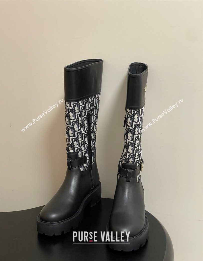 Dior D-Town High Boots in Black Calfskin and Oblique Canvas with Buckle 2025 1029 (MD-251029026)