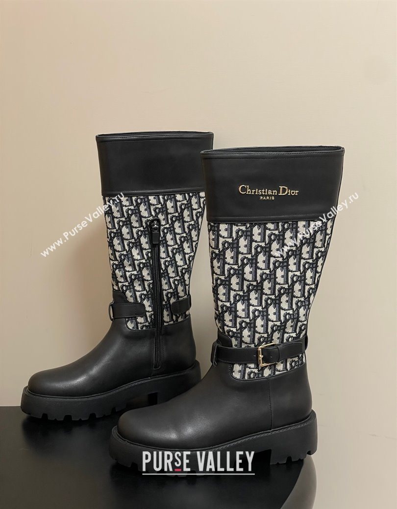 Dior D-Town High Boots in Black Calfskin and Oblique Canvas with Buckle 2025 1029 (MD-251029026)
