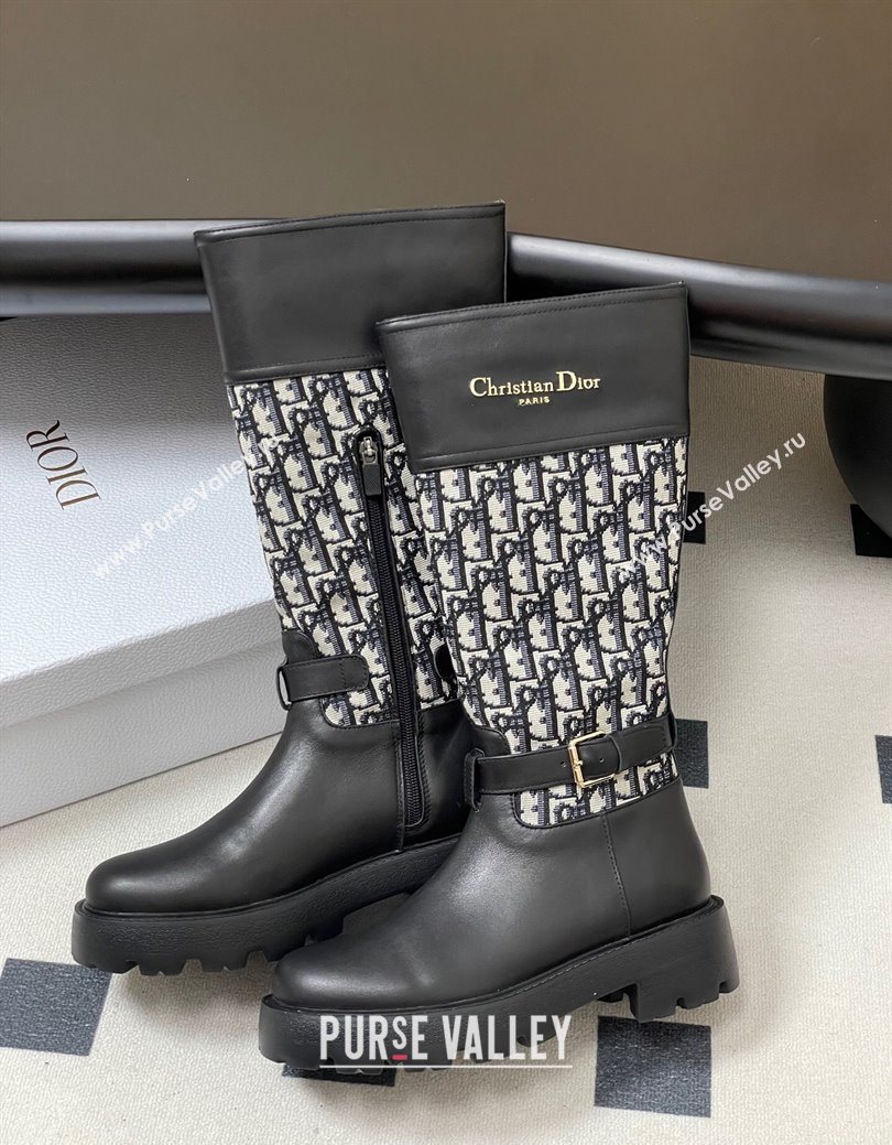 Dior D-Town High Boots in Black Calfskin and Oblique Canvas with Buckle 2025 1029 (MD-251029026)