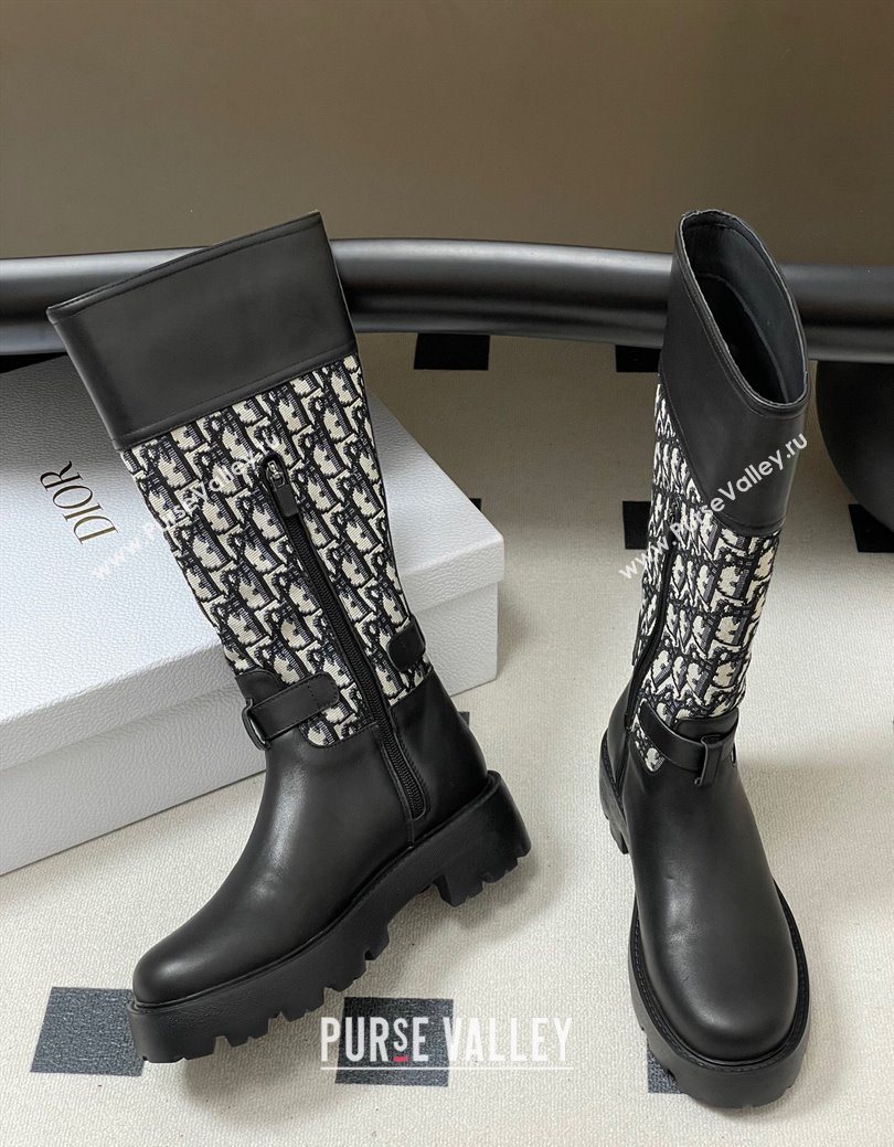 Dior D-Town High Boots in Black Calfskin and Oblique Canvas with Buckle 2025 1029 (MD-251029026)