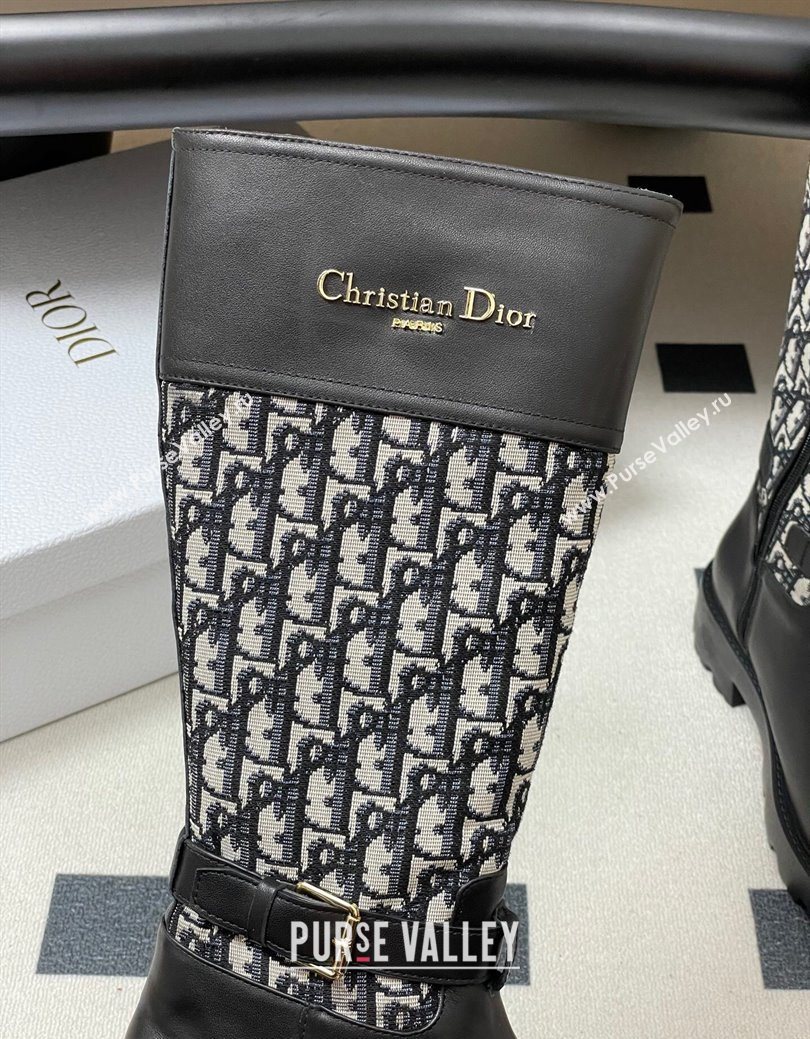 Dior D-Town High Boots in Black Calfskin and Oblique Canvas with Buckle 2025 1029 (MD-251029026)