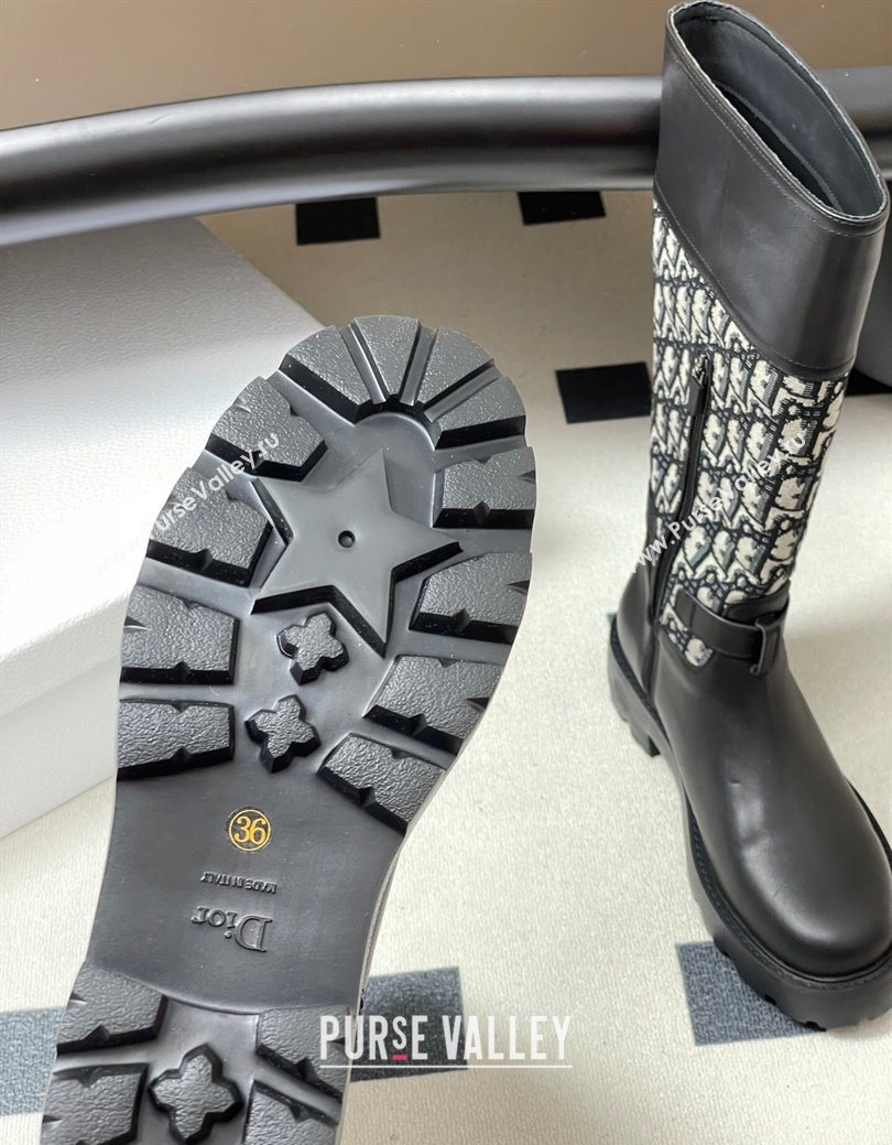 Dior D-Town High Boots in Black Calfskin and Oblique Canvas with Buckle 2025 1029 (MD-251029026)