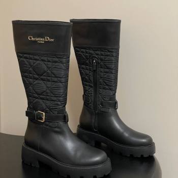 Dior D-Town High Boots in Black Calfskin and Nylon with Embroidered Cannage Motif with Buckle 2025 (MD-251029027)