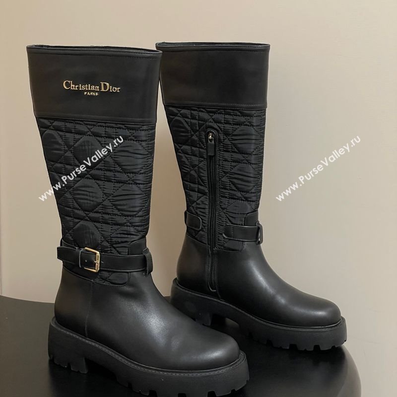 Dior D-Town High Boots in Black Calfskin and Nylon with Embroidered Cannage Motif with Buckle 2025 (MD-251029027)