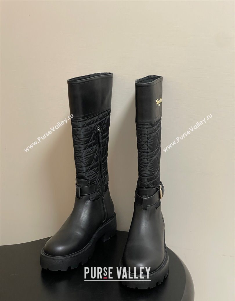 Dior D-Town High Boots in Black Calfskin and Nylon with Embroidered Cannage Motif with Buckle 2025 (MD-251029027)