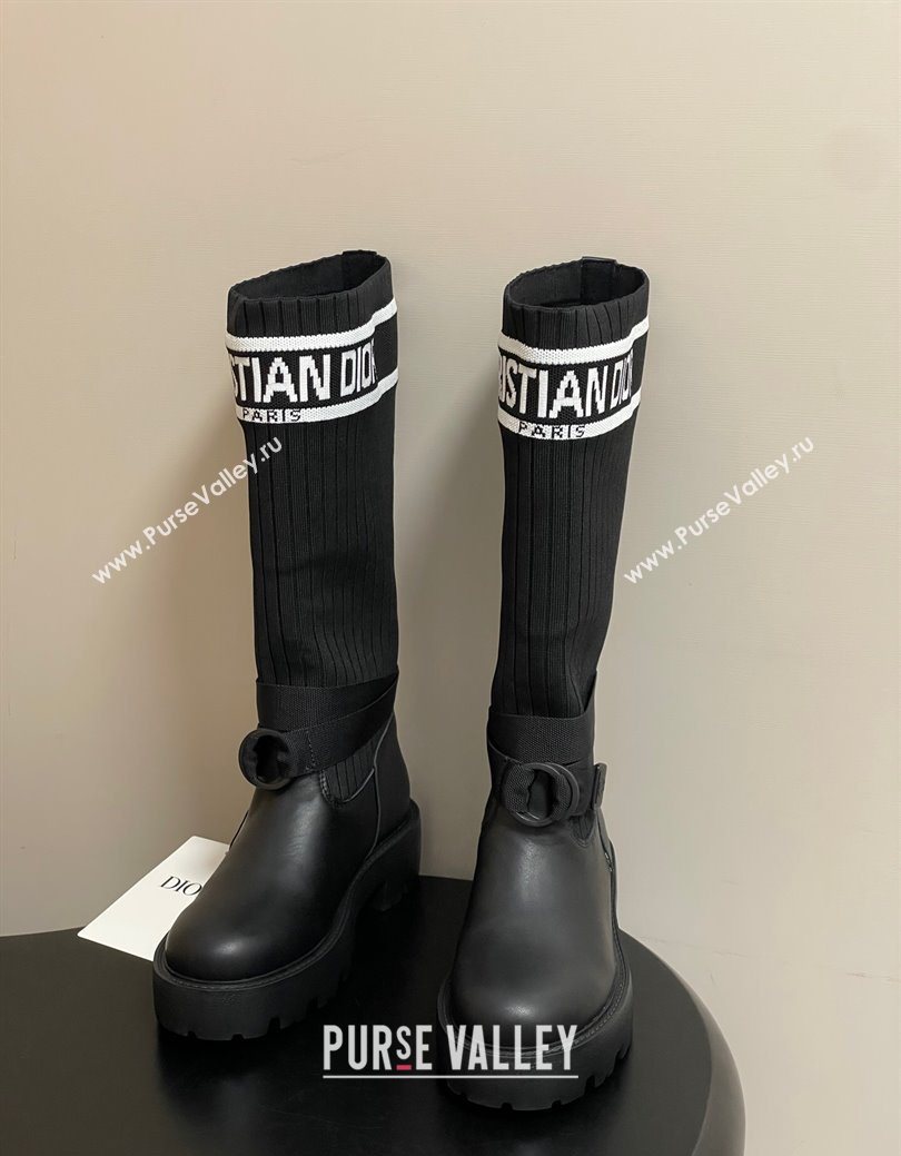 Dior D-Major High Boots in Black Calfskin with Black and White Technical Knit 2025 1029 (MD-251029011)