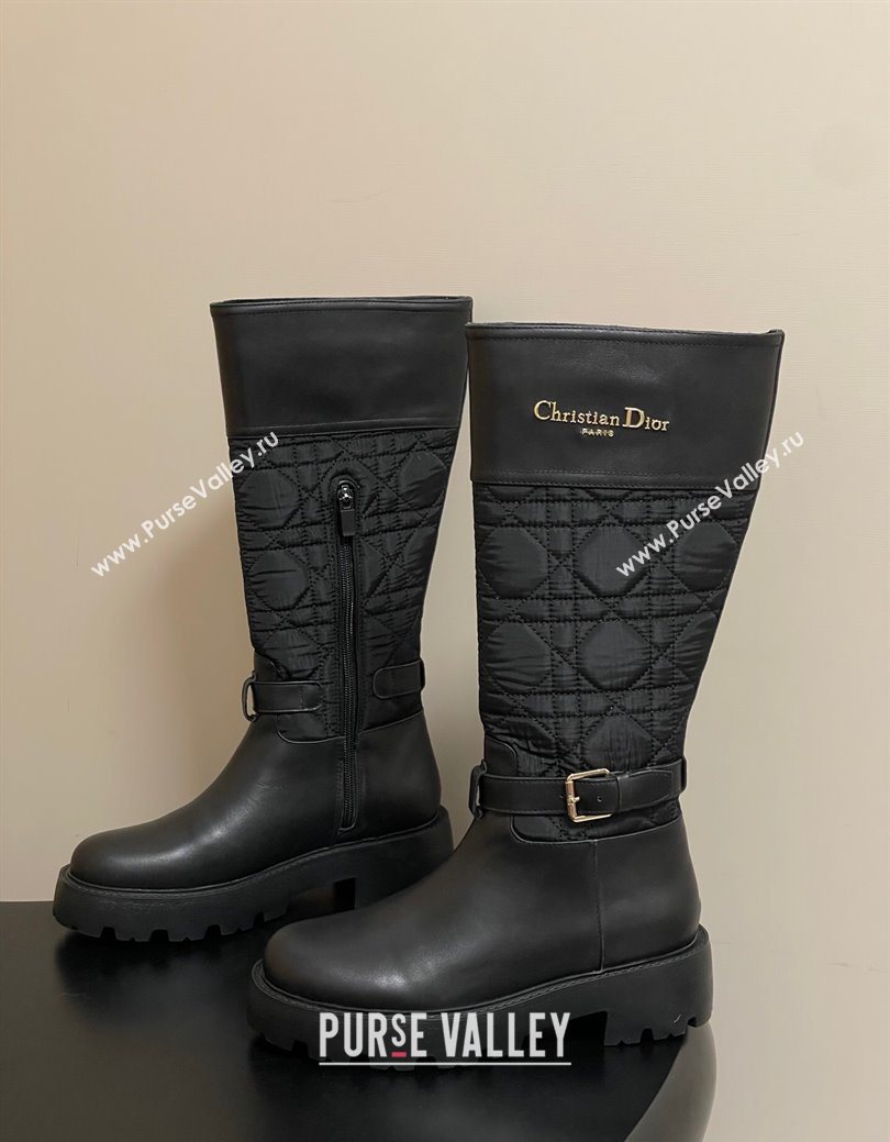 Dior D-Town High Boots in Black Calfskin and Nylon with Embroidered Cannage Motif with Buckle 2025 (MD-251029027)