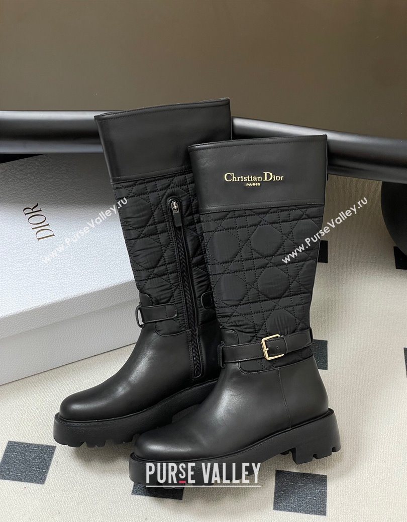Dior D-Town High Boots in Black Calfskin and Nylon with Embroidered Cannage Motif with Buckle 2025 (MD-251029027)
