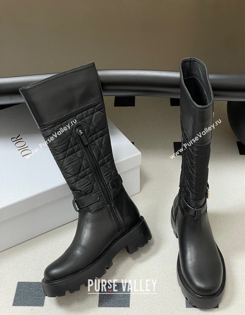 Dior D-Town High Boots in Black Calfskin and Nylon with Embroidered Cannage Motif with Buckle 2025 (MD-251029027)