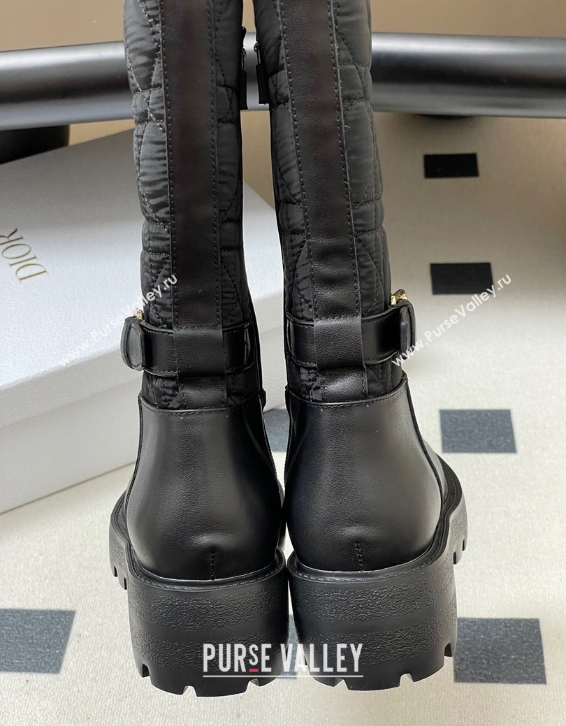 Dior D-Town High Boots in Black Calfskin and Nylon with Embroidered Cannage Motif with Buckle 2025 (MD-251029027)
