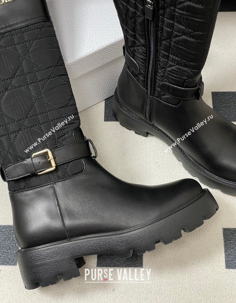 Dior D-Town High Boots in Black Calfskin and Nylon with Embroidered Cannage Motif with Buckle 2025 (MD-251029027)