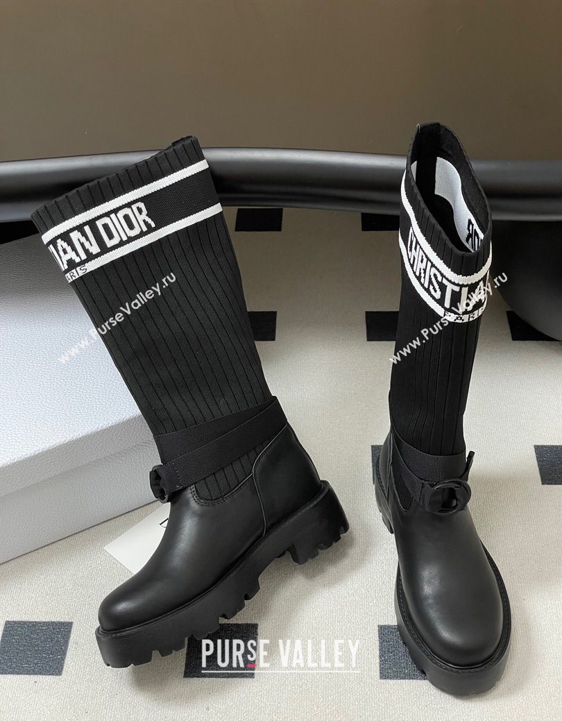 Dior D-Major High Boots in Black Calfskin with Black and White Technical Knit 2025 1029 (MD-251029011)