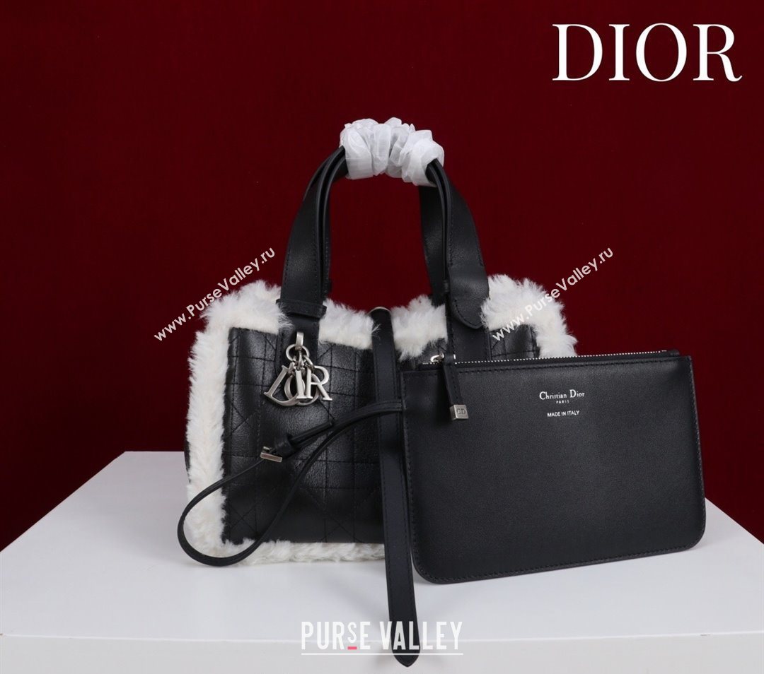Dior DiorAlps Small Toujours Tote Bag in Black Macrocannage Crinkled Calfskin and White Merino Wool 2025 (XXG-251122041)