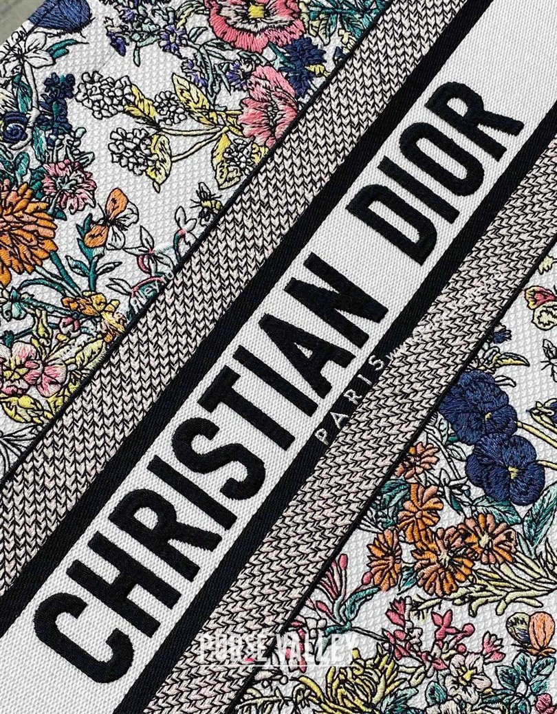 Dior Lucky Medium Dior Book Tote Bag in White Multicolor Flowers Calendar Allover Embroidery 2025 (XXG-251122051)