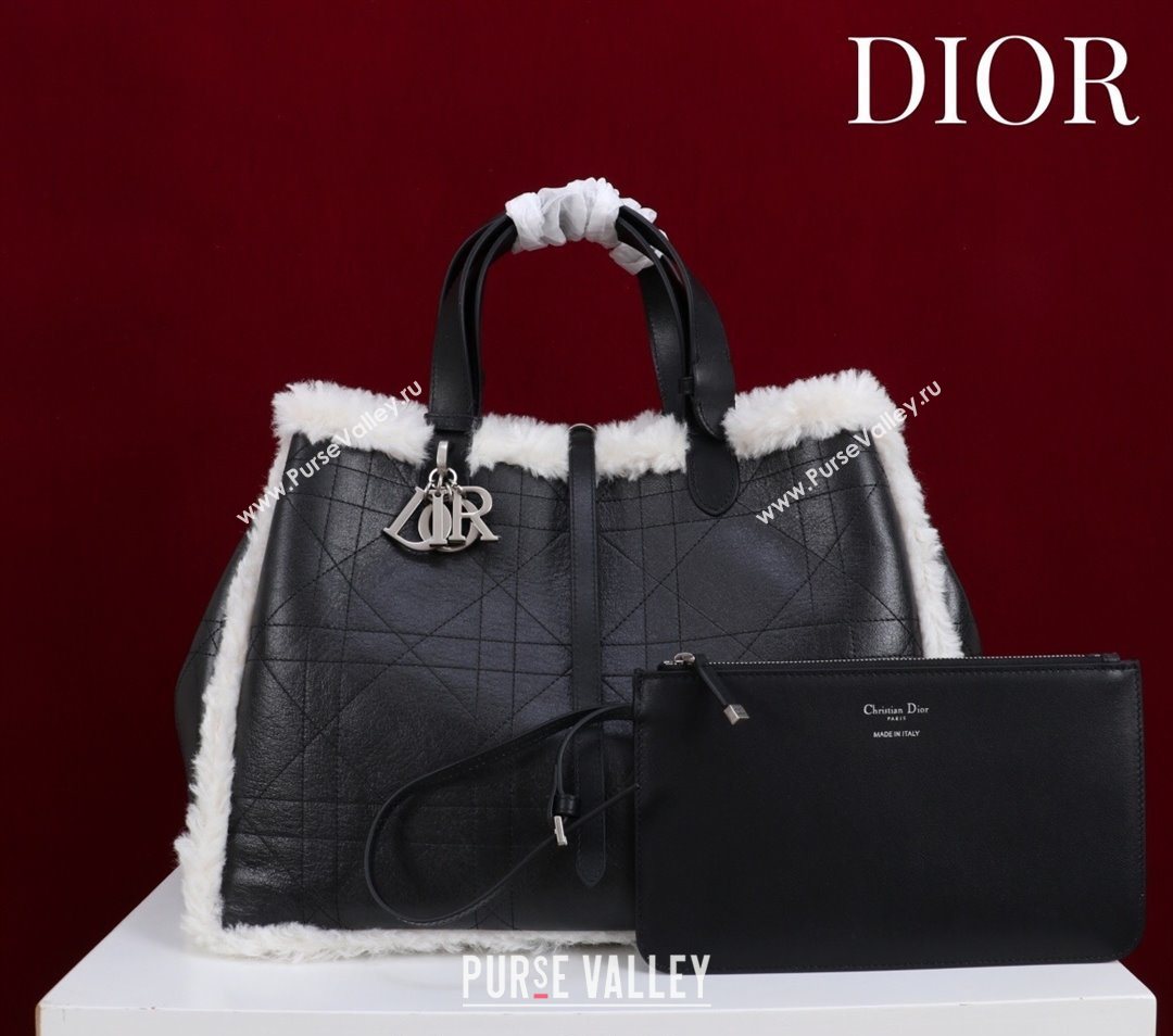 Dior DiorAlps Large Toujours Tote Bag in Black Macrocannage Crinkled Calfskin and White Merino Wool 2025 (XXG-251122039)