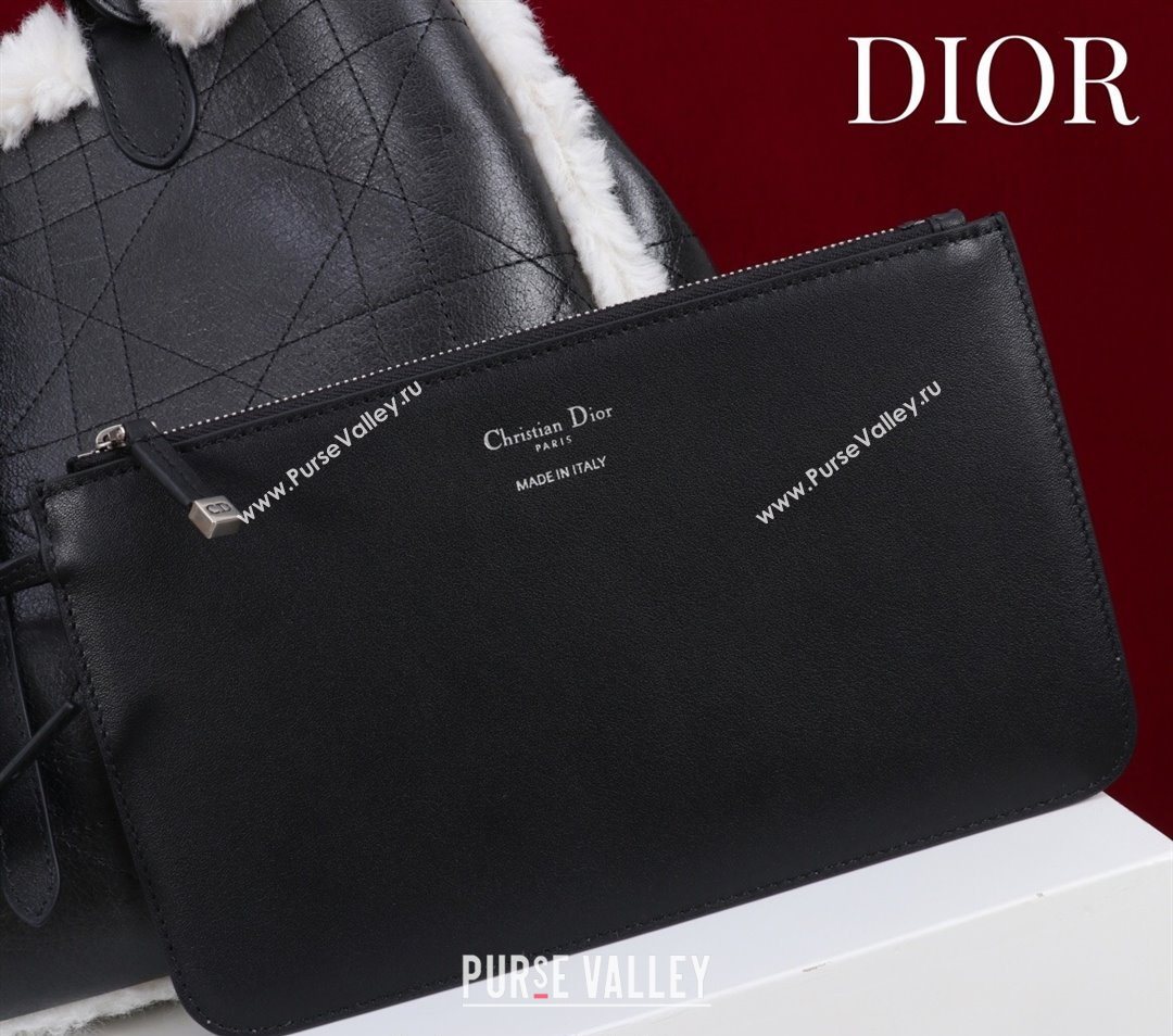 Dior DiorAlps Large Toujours Tote Bag in Black Macrocannage Crinkled Calfskin and White Merino Wool 2025 (XXG-251122039)