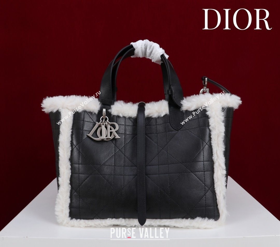 Dior DiorAlps Medium Toujours Tote Bag in Black Macrocannage Crinkled Calfskin and White Merino Wool 2025 (XXG-251122040)