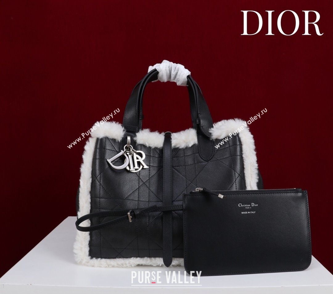 Dior DiorAlps Medium Toujours Tote Bag in Black Macrocannage Crinkled Calfskin and White Merino Wool 2025 (XXG-251122040)
