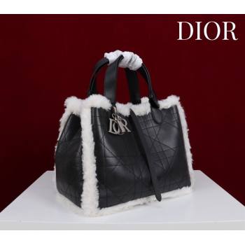 Dior DiorAlps Medium Toujours Tote Bag in Black Macrocannage Crinkled Calfskin and White Merino Wool 2025 (XXG-251122040)