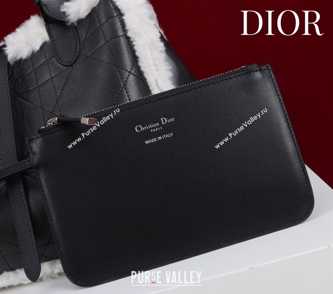 Dior DiorAlps Medium Toujours Tote Bag in Black Macrocannage Crinkled Calfskin and White Merino Wool 2025 (XXG-251122040)