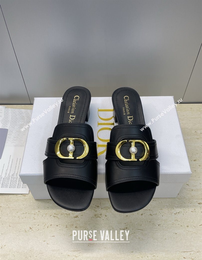 Dior 30 Montaigne Heeled Slides Sandal 4.5cm in Calfskin Leather with Pearl Black 2025 (JC-251217001)