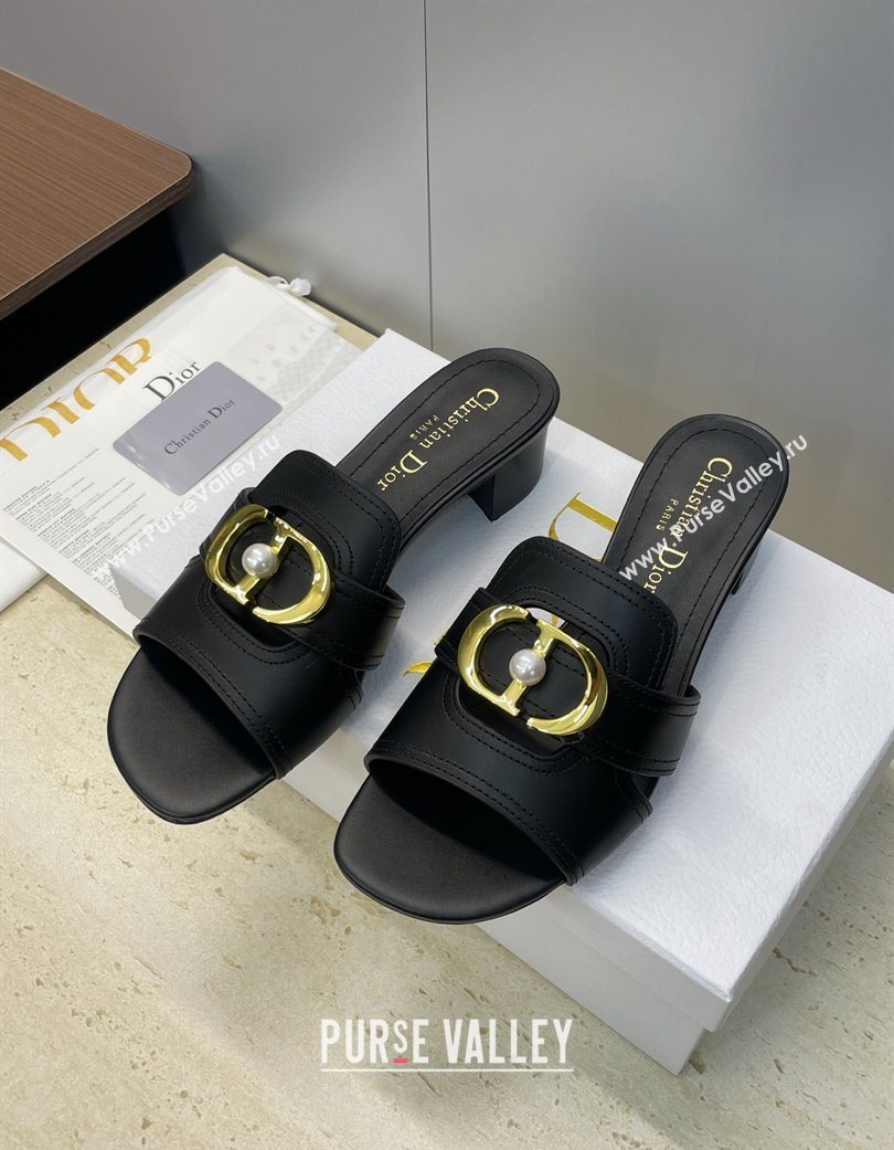 Dior 30 Montaigne Heeled Slides Sandal 4.5cm in Calfskin Leather with Pearl Black 2025 (JC-251217001)