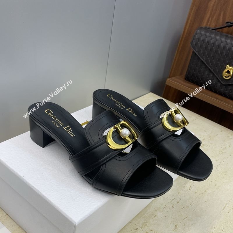 Dior 30 Montaigne Heeled Slides Sandal 4.5cm in Calfskin Leather with Pearl Black 2025 (JC-251217001)