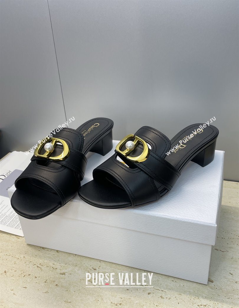 Dior 30 Montaigne Heeled Slides Sandal 4.5cm in Calfskin Leather with Pearl Black 2025 (JC-251217001)