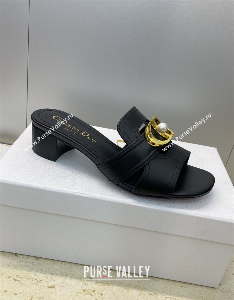 Dior 30 Montaigne Heeled Slides Sandal 4.5cm in Calfskin Leather with Pearl Black 2025 (JC-251217001)