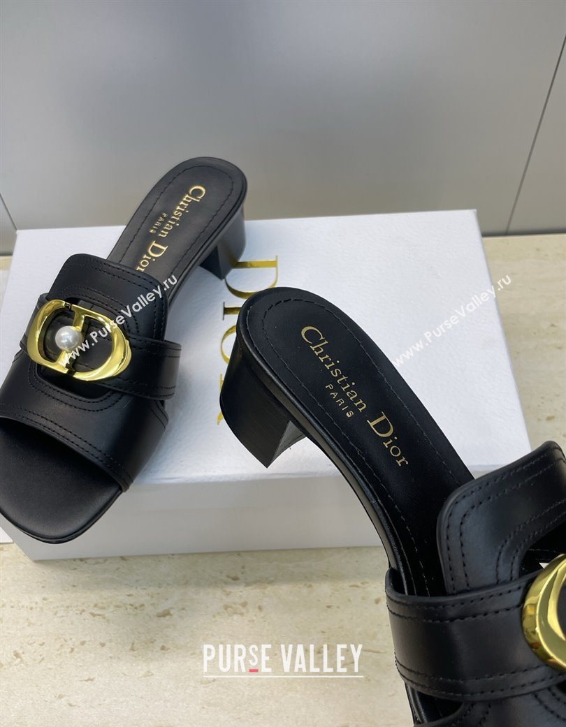 Dior 30 Montaigne Heeled Slides Sandal 4.5cm in Calfskin Leather with Pearl Black 2025 (JC-251217001)