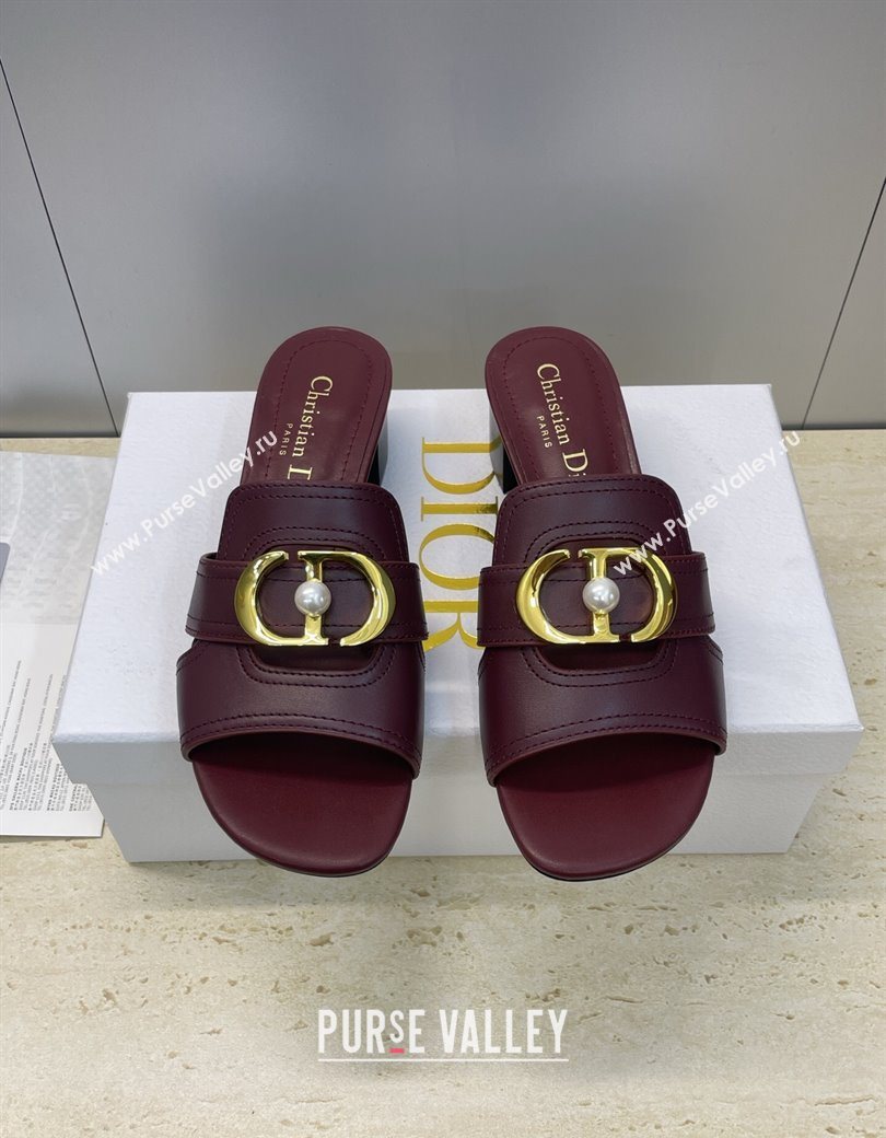 Dior 30 Montaigne Heeled Slides Sandal 4.5cm in Calfskin Leather with Pearl Dark Burgundy 2025 (JC-251217002)
