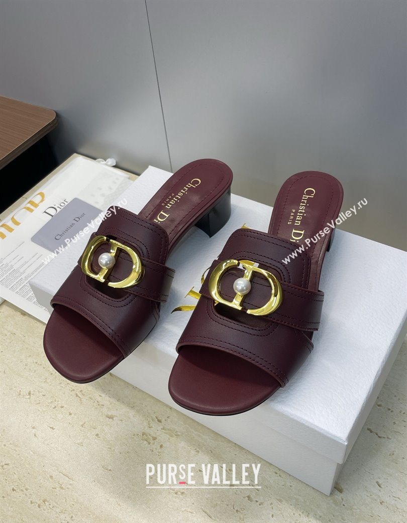 Dior 30 Montaigne Heeled Slides Sandal 4.5cm in Calfskin Leather with Pearl Dark Burgundy 2025 (JC-251217002)