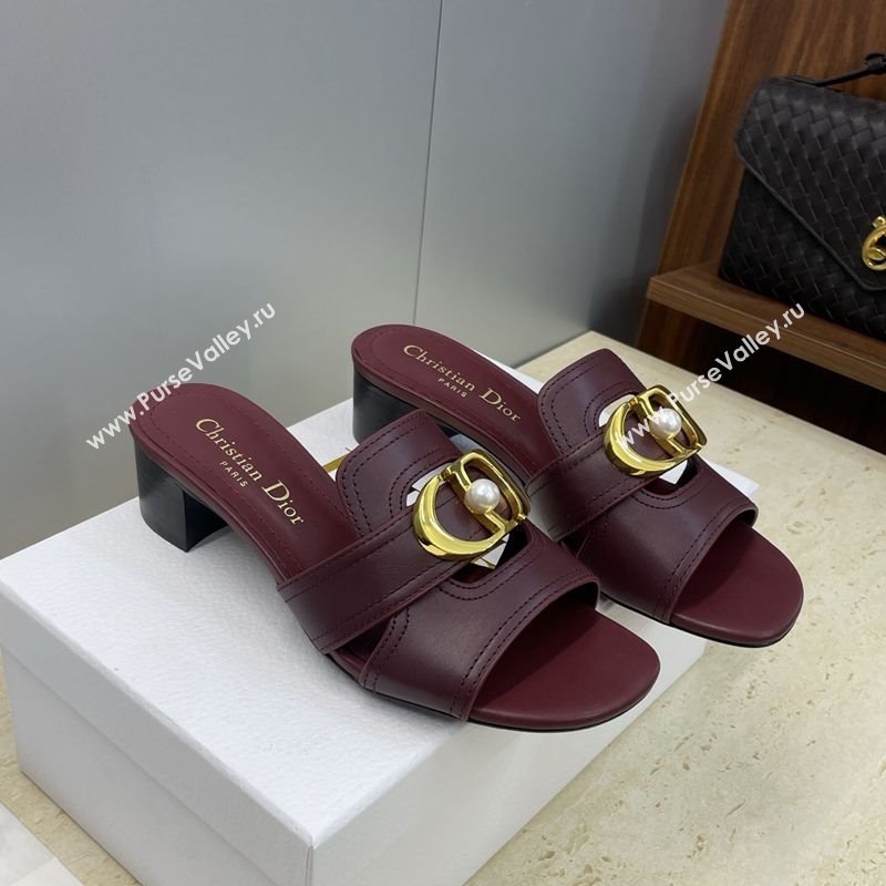 Dior 30 Montaigne Heeled Slides Sandal 4.5cm in Calfskin Leather with Pearl Dark Burgundy 2025 (JC-251217002)