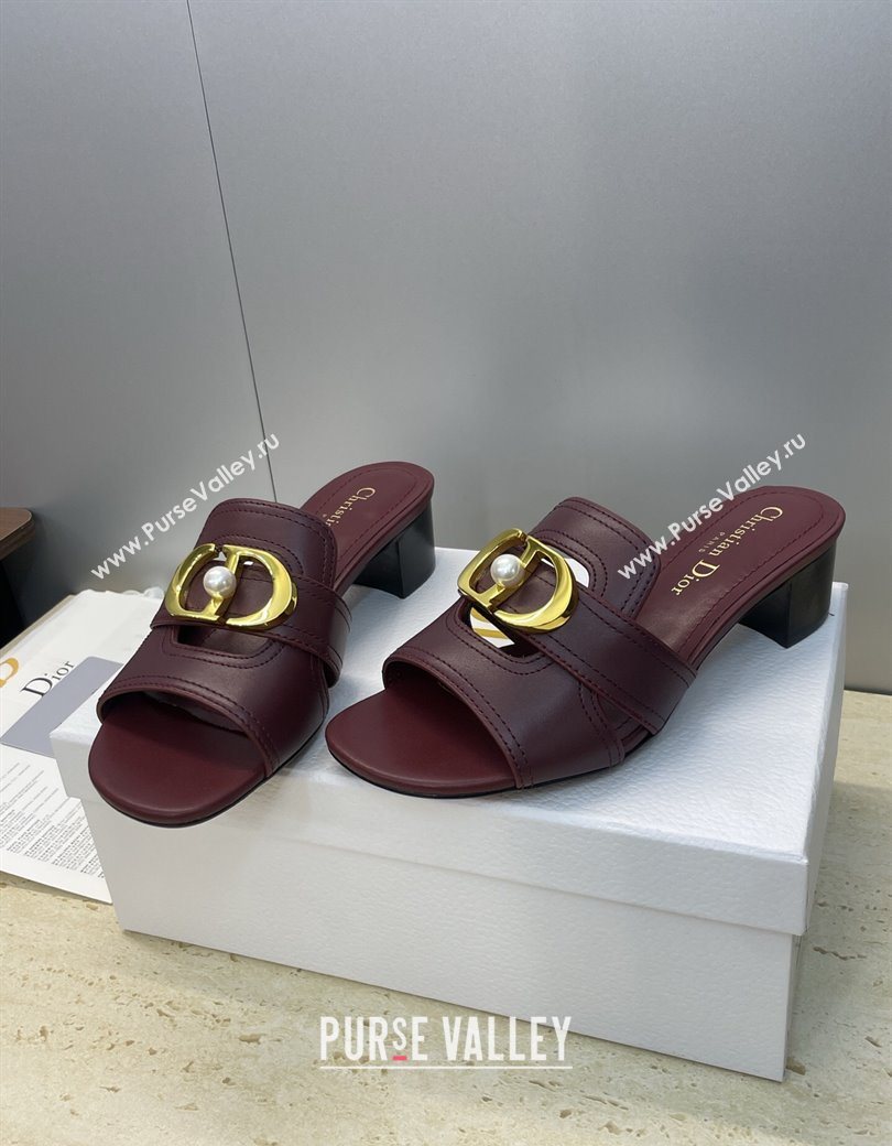 Dior 30 Montaigne Heeled Slides Sandal 4.5cm in Calfskin Leather with Pearl Dark Burgundy 2025 (JC-251217002)