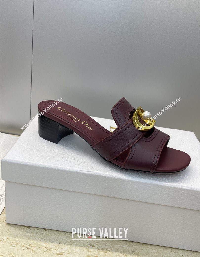 Dior 30 Montaigne Heeled Slides Sandal 4.5cm in Calfskin Leather with Pearl Dark Burgundy 2025 (JC-251217002)