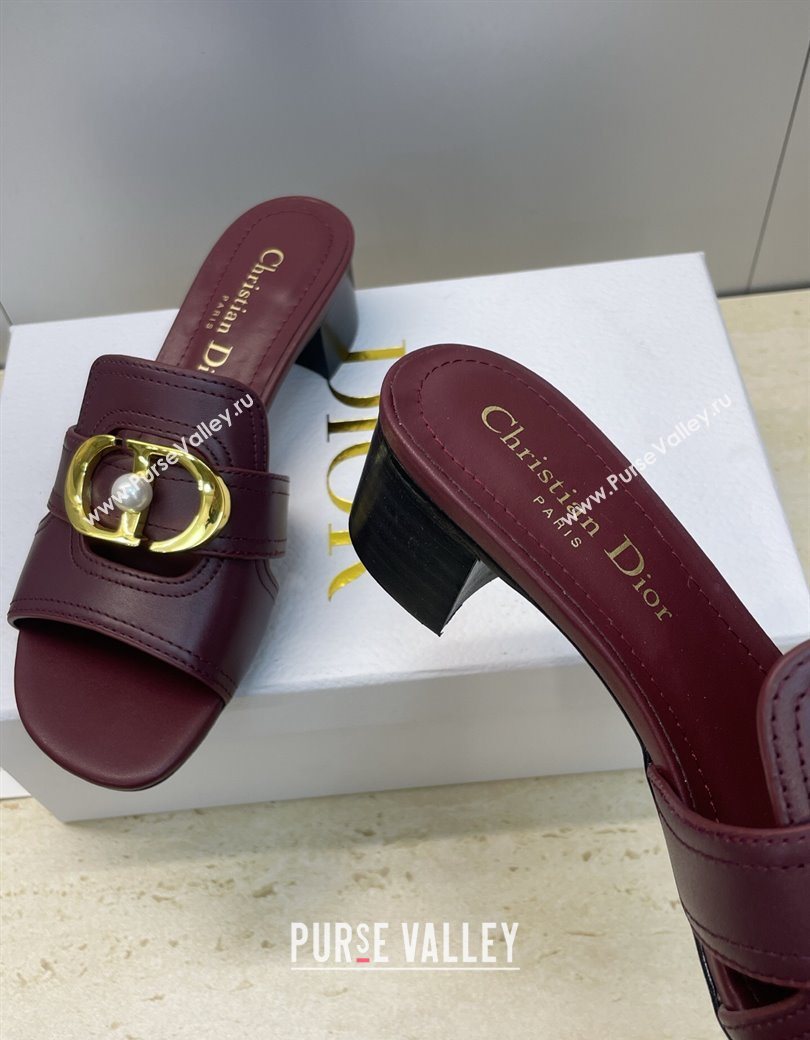 Dior 30 Montaigne Heeled Slides Sandal 4.5cm in Calfskin Leather with Pearl Dark Burgundy 2025 (JC-251217002)