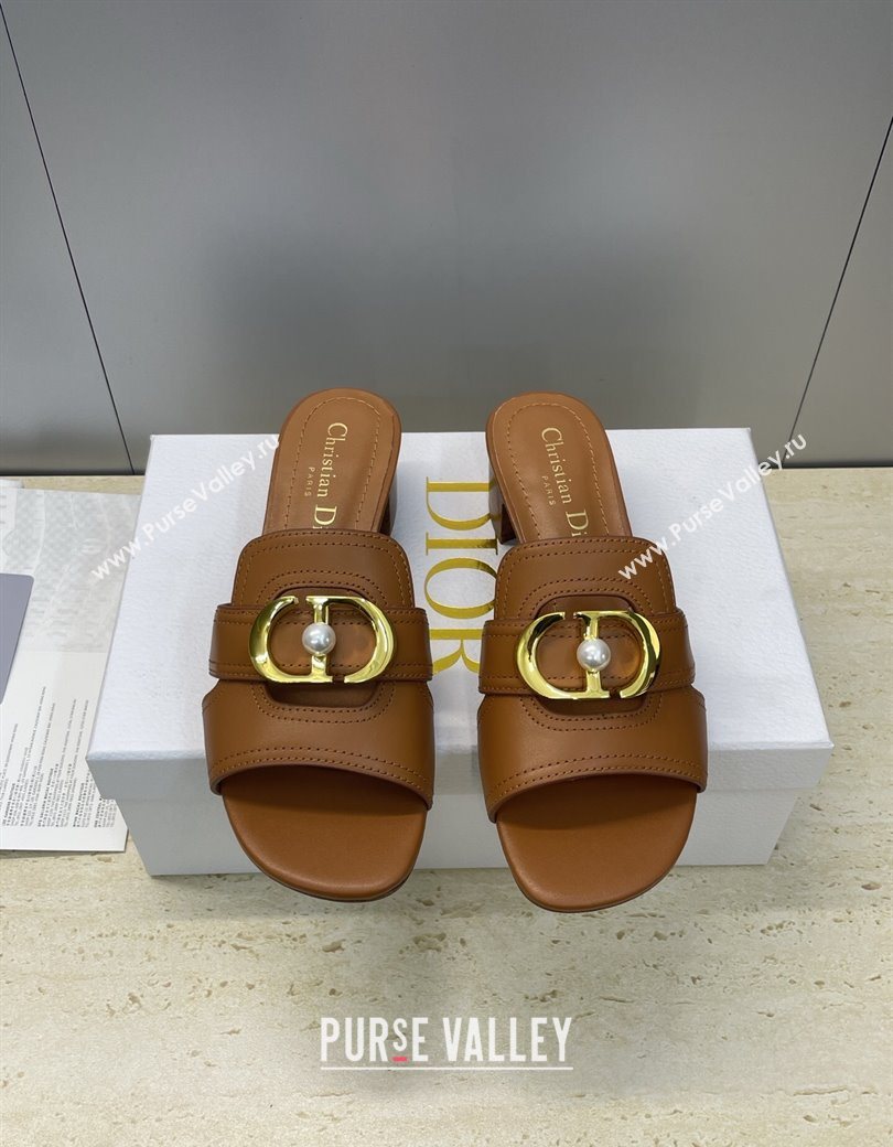 Dior 30 Montaigne Heeled Slides Sandal 4.5cm in Calfskin Leather with Pearl Brown 2025 (JC-251217004)