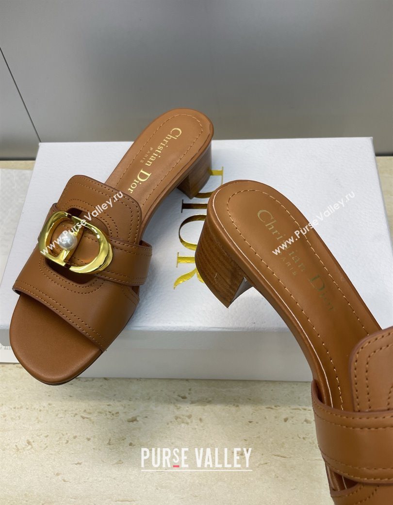 Dior 30 Montaigne Heeled Slides Sandal 4.5cm in Calfskin Leather with Pearl Brown 2025 (JC-251217004)
