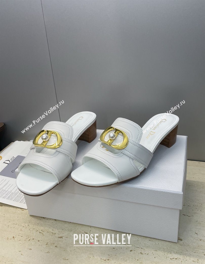 Dior 30 Montaigne Heeled Slides Sandal 4.5cm in Calfskin Leather with Pearl White 2025 (JC-251217005)