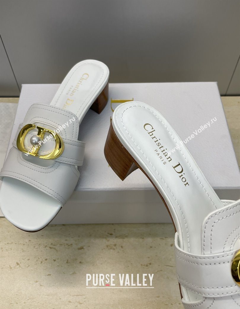 Dior 30 Montaigne Heeled Slides Sandal 4.5cm in Calfskin Leather with Pearl White 2025 (JC-251217005)