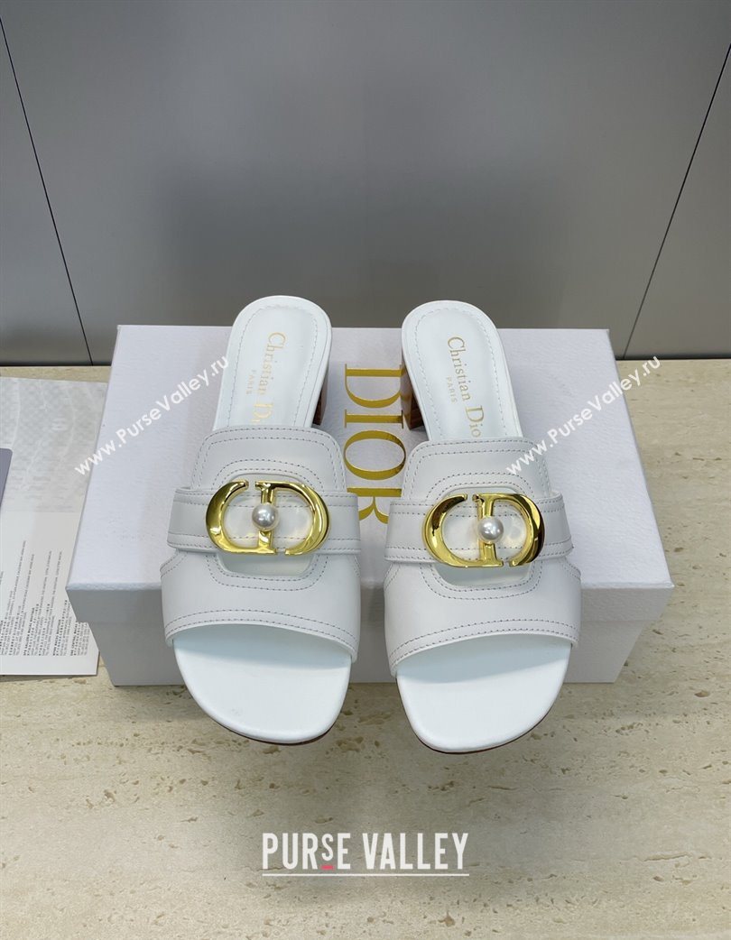 Dior 30 Montaigne Heeled Slides Sandal 4.5cm in Calfskin Leather with Pearl White 2025 (JC-251217005)