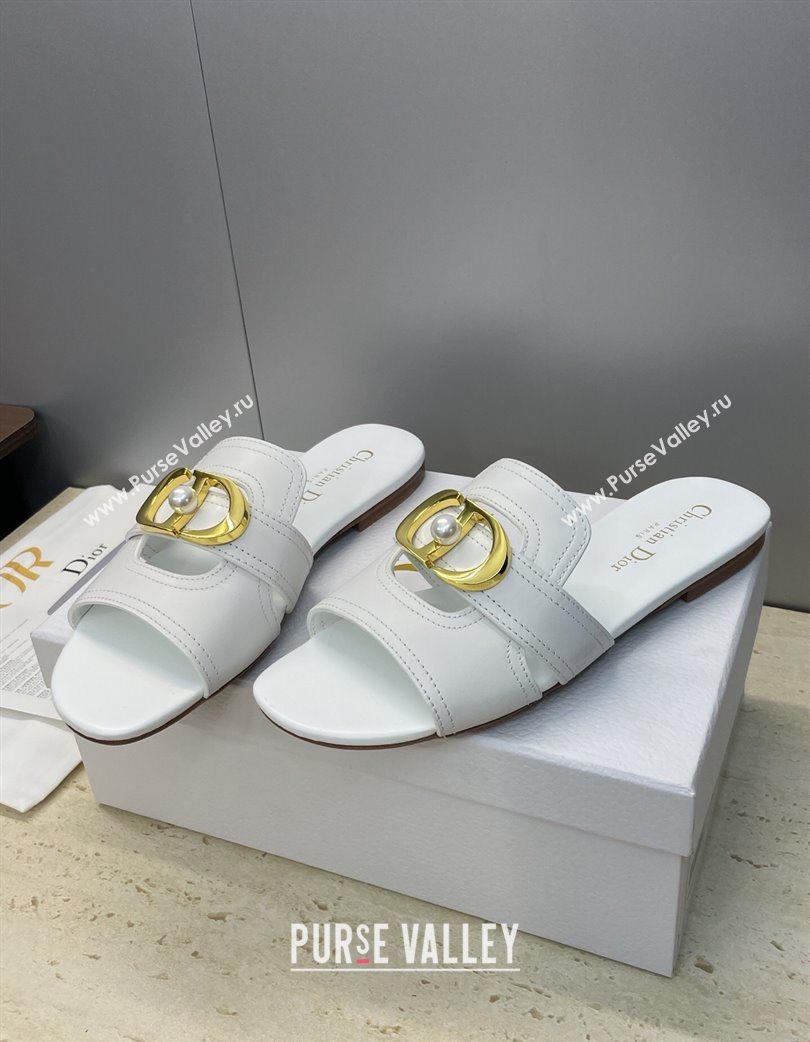 Dior 30 Montaigne Flat Slides Sandal in Calfskin Leather with Pearl White 2025 (JC-251217006)