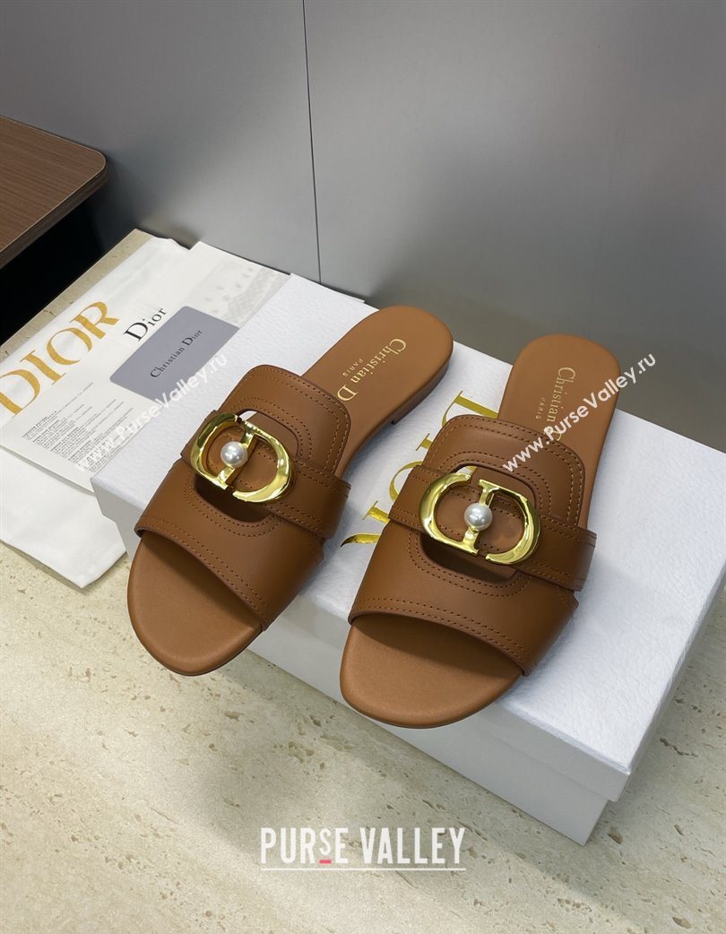 Dior 30 Montaigne Flat Slides Sandal in Calfskin Leather with Pearl Brown 2025 (JC-251217007)
