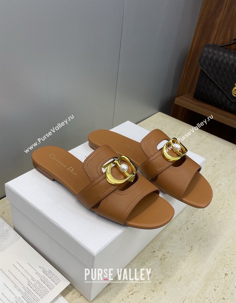 Dior 30 Montaigne Flat Slides Sandal in Calfskin Leather with Pearl Brown 2025 (JC-251217007)