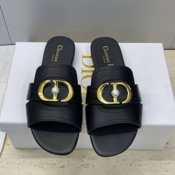 Dior 30 Montaigne Flat Slides Sandal in Calfskin Leather with Pearl Black 2025 (JC-251217008)