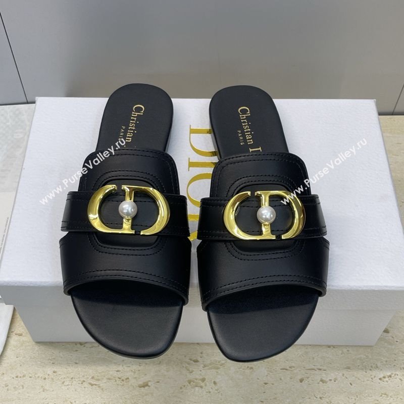 Dior 30 Montaigne Flat Slides Sandal in Calfskin Leather with Pearl Black 2025 (JC-251217008)
