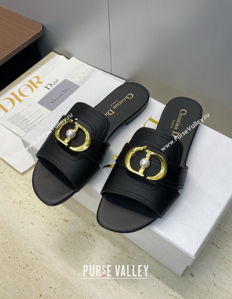 Dior 30 Montaigne Flat Slides Sandal in Calfskin Leather with Pearl Black 2025 (JC-251217008)