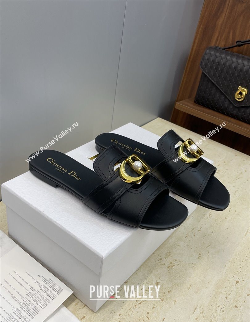Dior 30 Montaigne Flat Slides Sandal in Calfskin Leather with Pearl Black 2025 (JC-251217008)