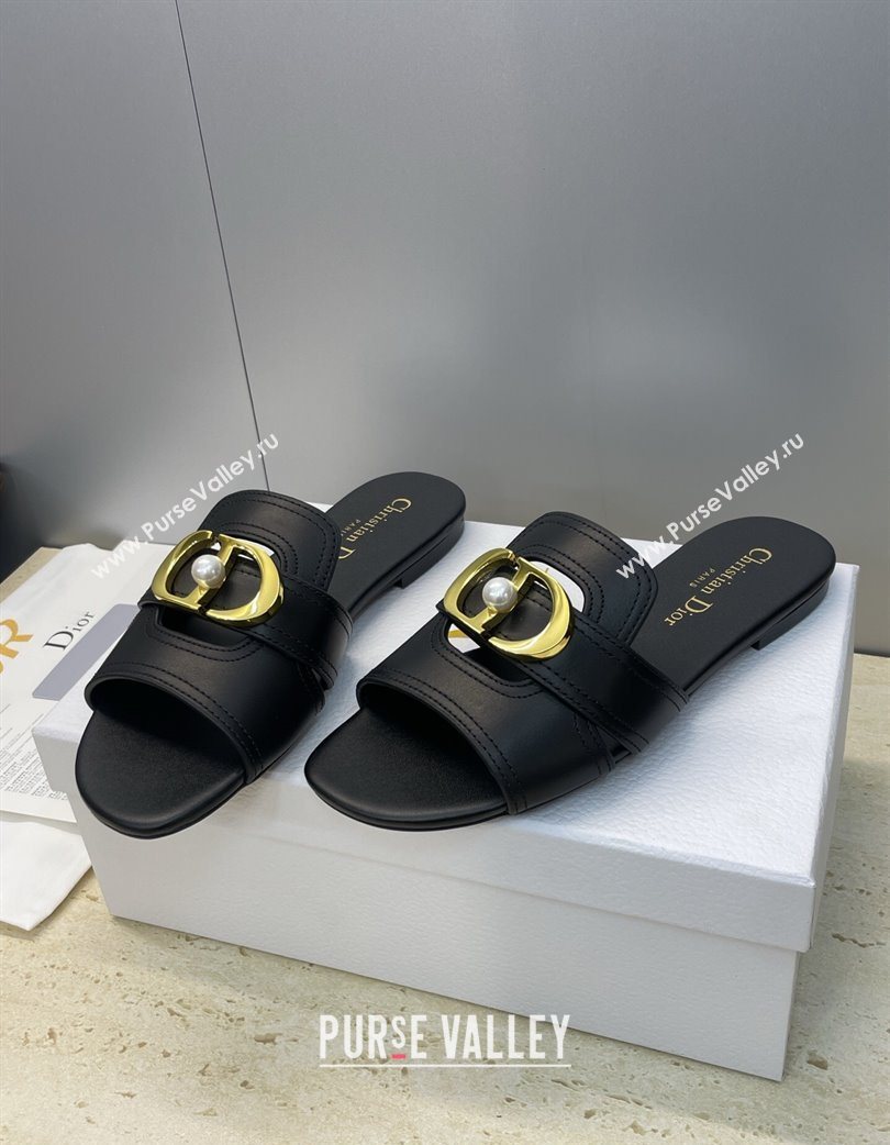 Dior 30 Montaigne Flat Slides Sandal in Calfskin Leather with Pearl Black 2025 (JC-251217008)